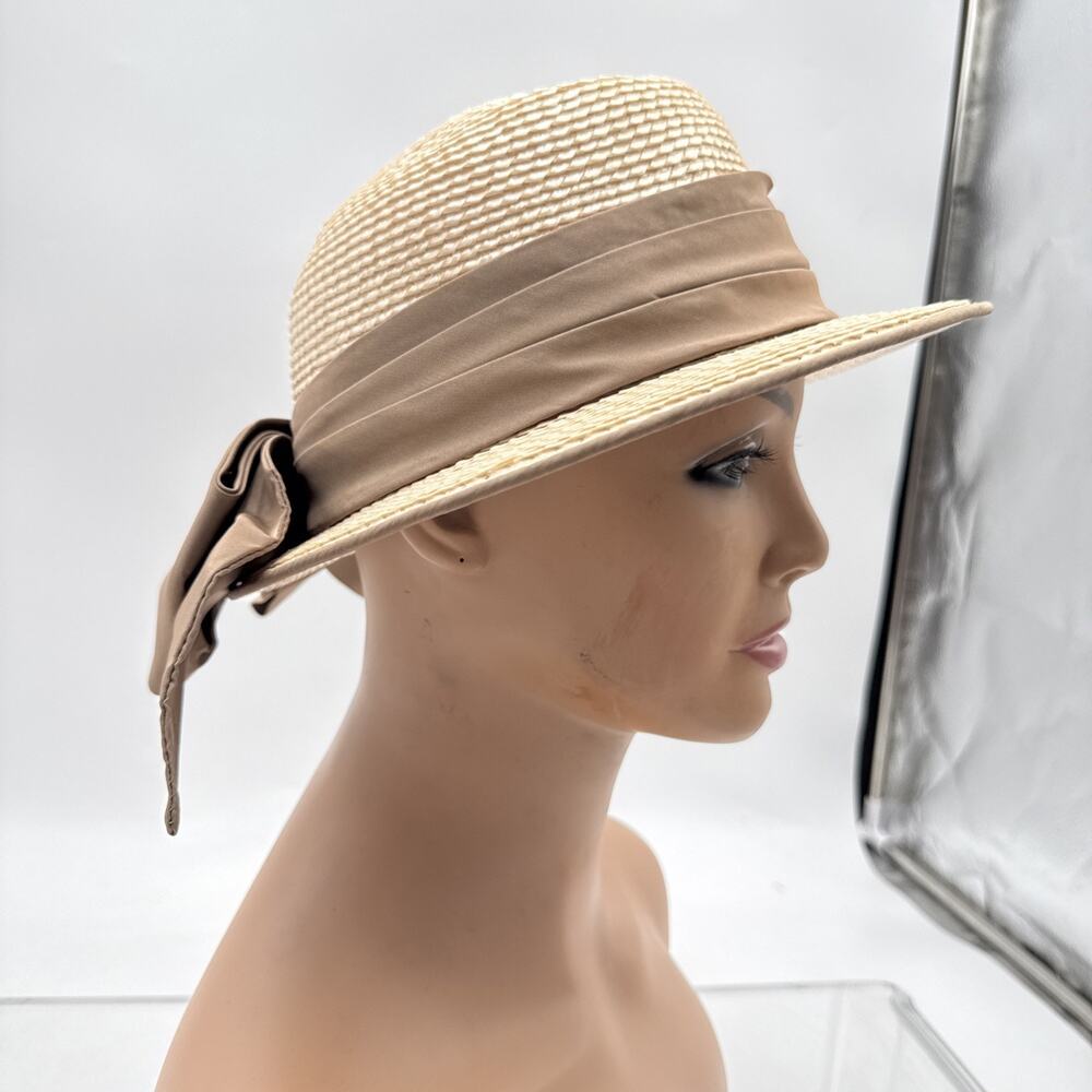 Vintage Sally Victor Headlines Women’s Straw Hat – Brown & Cream with Ribbon Bow